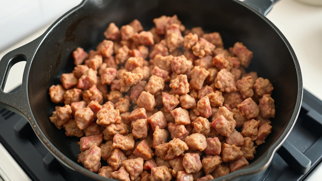process: browning ground beef in cast iron skillet, meat seared with golden crust, photorealistic, natural kitchen light, no text, mid-cooking action shot