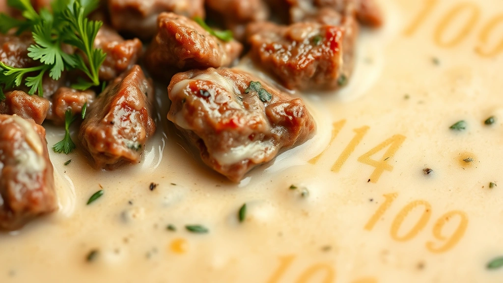 detail: close-up of creamy sauce coating ground beef with fresh thyme and parsley garnish, photorealistic, natural light, no text, shallow depth of field