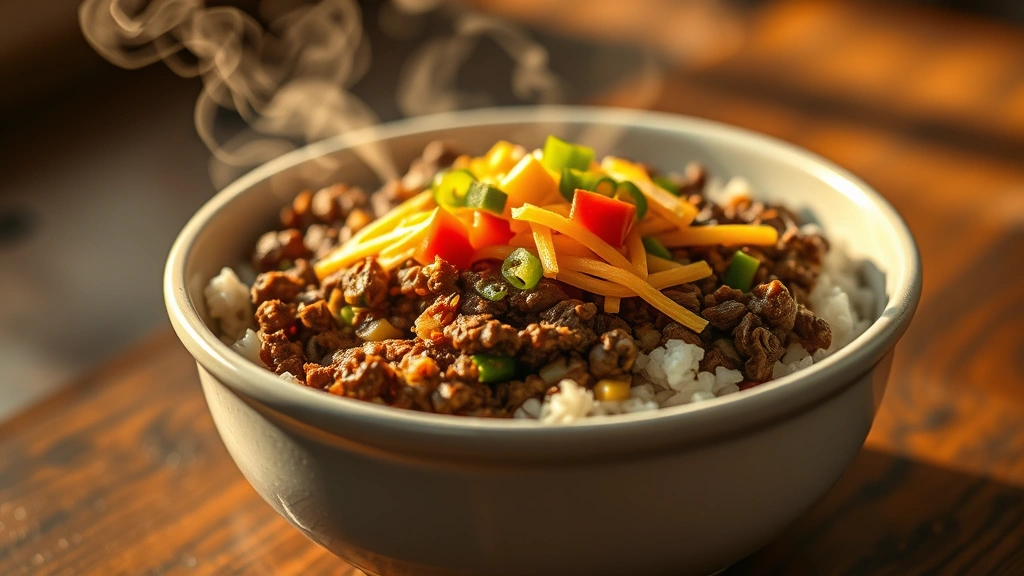 hero: steaming bowl of ground beef and rice with diced vegetables and melted cheese on top, warm golden lighting from the side, shallow depth of field, rustic white ceramic bowl, no text or watermarks