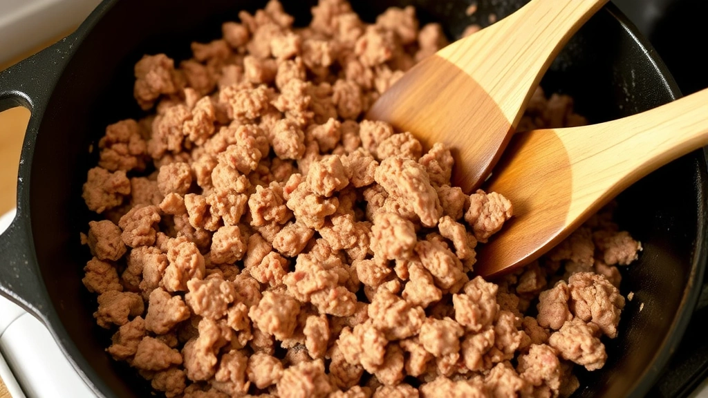 process: browning ground beef in cast iron skillet with wooden spoon, visible meat crumbles and sizzle, warm kitchen lighting, no text or watermarks
