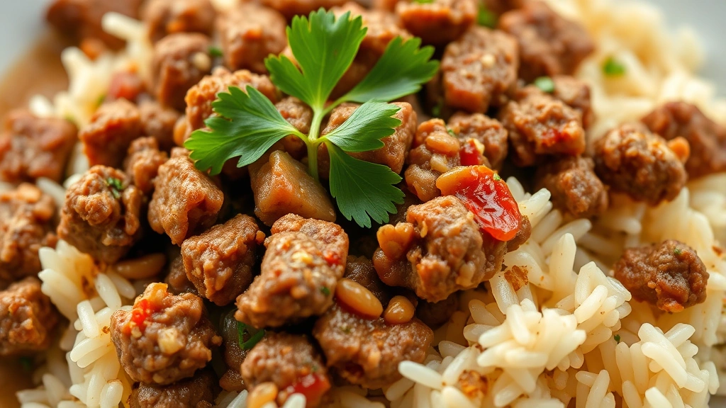 detail: close-up of finished ground beef and rice dish showing texture of fluffy rice, seasoned beef, and fresh parsley garnish, macro photography, natural diffused light, no text or watermarks