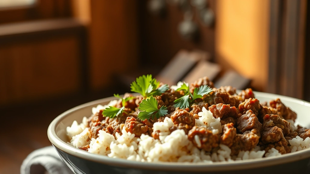 hero: steaming bowl of ground beef and rice garnished with fresh parsley, photorealistic, warm natural light from window, no text, shallow depth of field