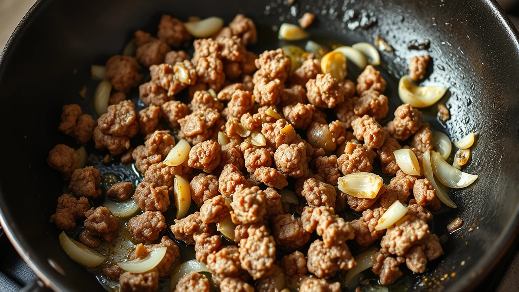 process: browning ground beef in cast iron skillet with onions and garlic, photorealistic, natural light, no text, showing texture and caramelization