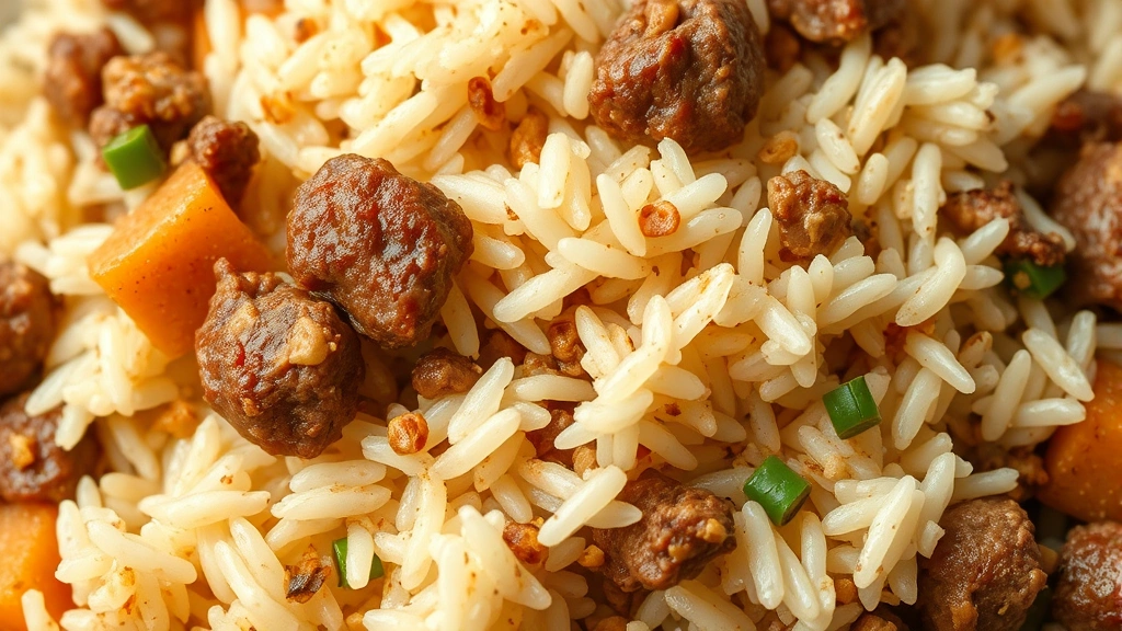 detail: close-up of fluffy rice mixed with seasoned ground beef and vegetables, photorealistic, natural light, no text, showing individual grains of rice and beef pieces