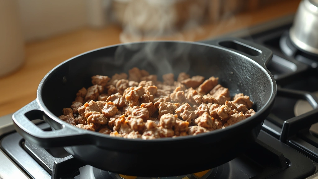 process: browning ground beef in cast iron skillet with visible fond, photorealistic, bright kitchen light, no text, steam rising from pan