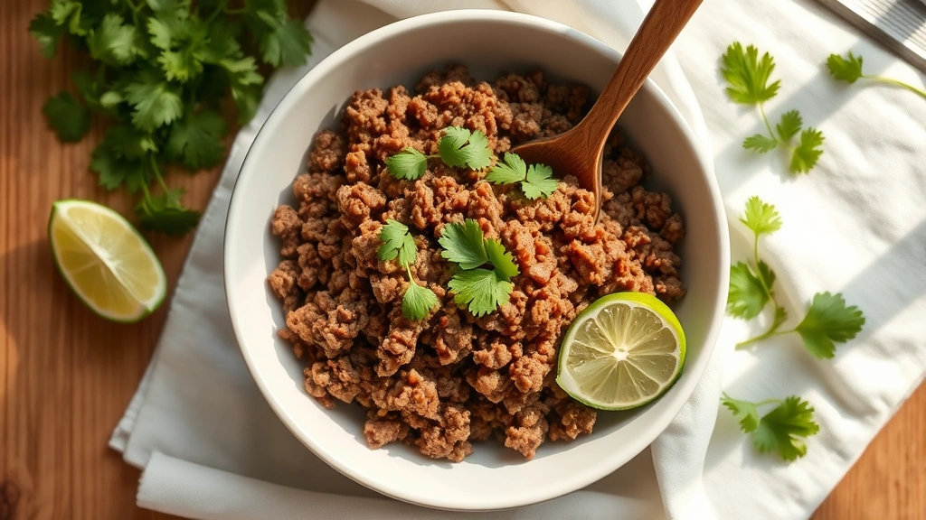hero: overhead flat lay of seasoned ground beef taco meat in a white ceramic bowl with a rustic wooden spoon, garnished with fresh cilantro and lime wedges, warm natural window light, minimalist styling with white linen napkin