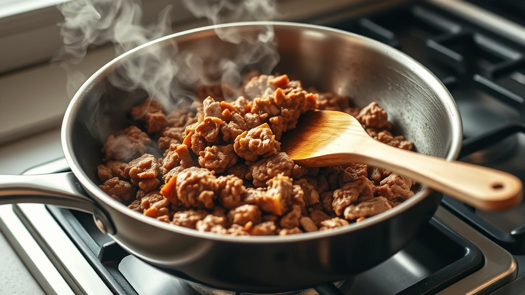 process: large stainless steel skillet with ground beef browning on stovetop, wooden spoon breaking up meat, showing beautiful golden-brown color and caramelization, steam rising, natural kitchen light