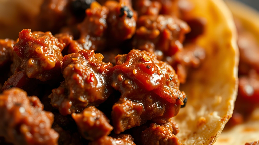 detail: close-up macro shot of finished taco meat with visible spices and sauce coating each piece, shallow depth of field, warm natural light highlighting the rich brown color and texture