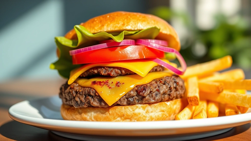 hero: perfectly cooked ground bison burger with melted cheese, fresh tomato slice, crisp butter lettuce, and pickled red onions on a toasted brioche bun, placed on a white plate with french fries on the side, natural daylight streaming from the left, shallow depth of field, no text