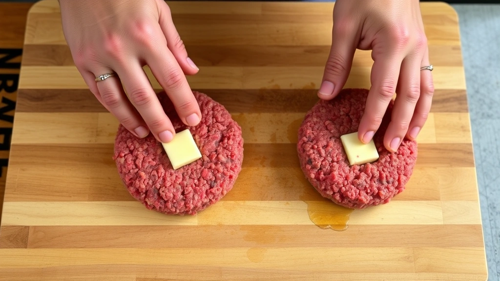 process: chef's hands gently shaping ground bison meat into burger patties with a small indent in the center, cold butter pieces visible in the meat, wooden cutting board background, natural kitchen lighting, no text
