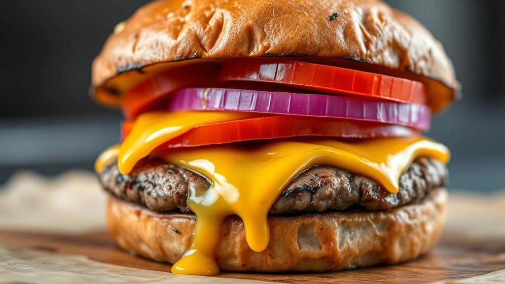detail: close-up of a perfectly seared bison burger patty showing the golden-brown crust, pink center, melted cheese dripping down the sides, fresh tomato and pickled red onions visible in soft focus, natural light, no text
