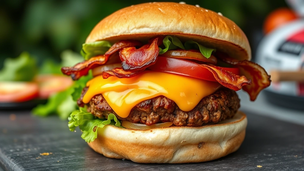 hero: perfectly cooked ground buffalo burger with melted cheddar cheese, crispy bacon, caramelized onions, fresh lettuce and tomato on toasted brioche bun, photorealistic, natural outdoor light, food photography, no text