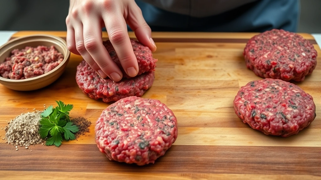 process: ground buffalo meat being formed into patties on a wooden cutting board with seasoning blend nearby, hands gently shaping meat, photorealistic, natural kitchen light, no text