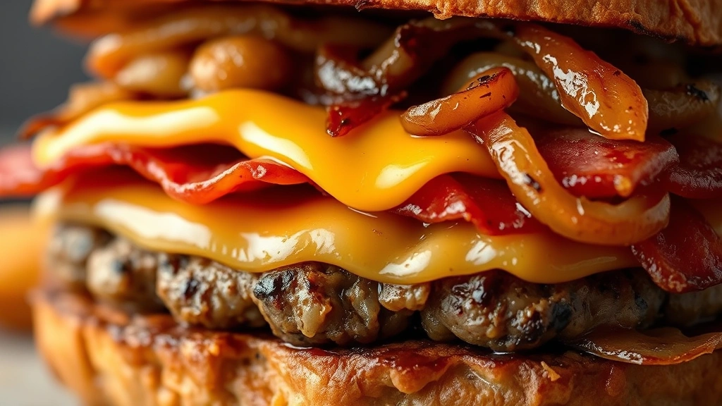 detail: close-up cross-section of cooked buffalo burger showing pink medium-rare interior, melted cheese, crispy bacon layer, and caramelized onions, photorealistic, macro photography, natural light, no text