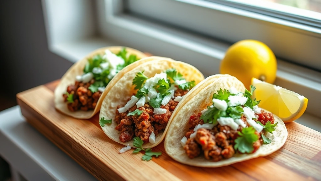 hero: finished ground elk tacos on a wooden board, topped with fresh cilantro, white onion, cotija cheese, lime wedges beside, natural daylight from window, rustic Preppy Kitchen style, vibrant colors