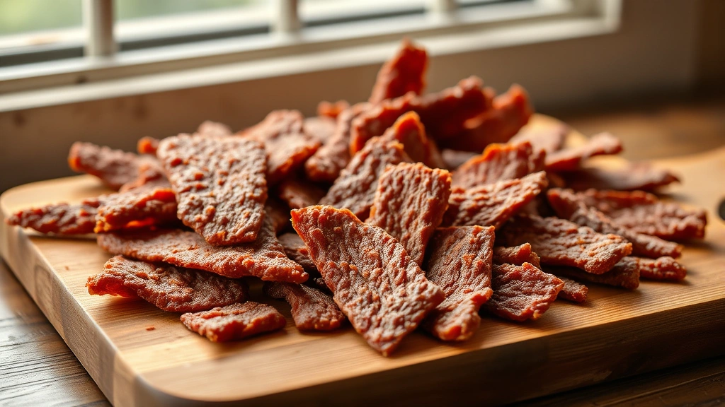hero: homemade ground beef jerky strips arranged on wooden board, golden-brown color, photorealistic, natural window light, no text