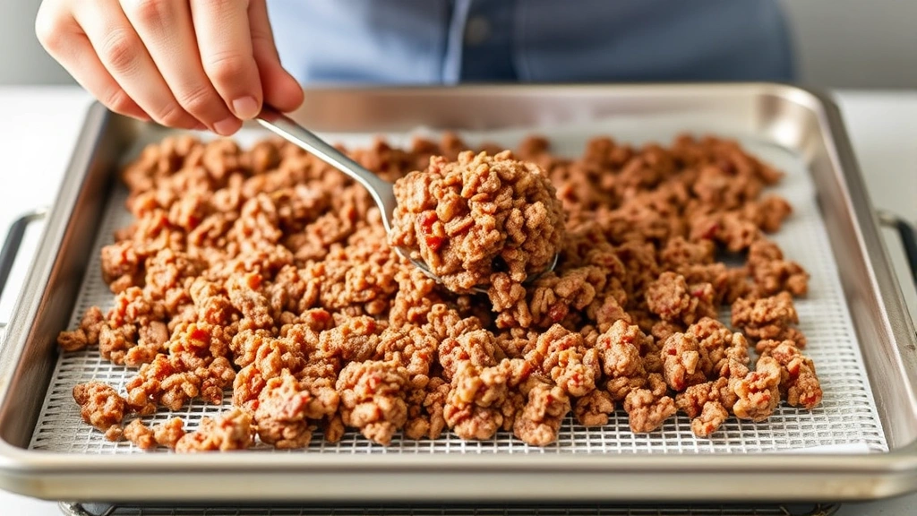 process: hands spreading marinated ground beef mixture onto dehydrator tray with spoon, photorealistic, natural daylight, no text