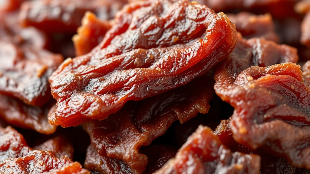 detail: close-up of finished chewy jerky pieces showing texture and color variation, photorealistic, natural lighting, no text