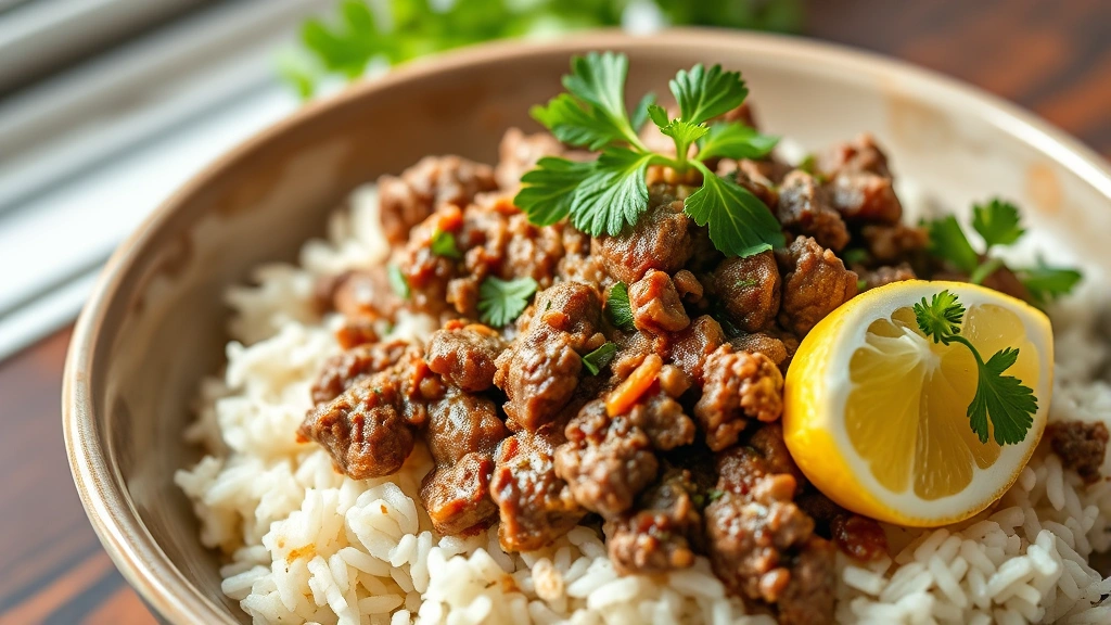 hero: bowl of ground lamb with fresh mint and cilantro garnish, warm spices visible, served over rice pilaf with lemon wedge, photorealistic, natural window light, no text