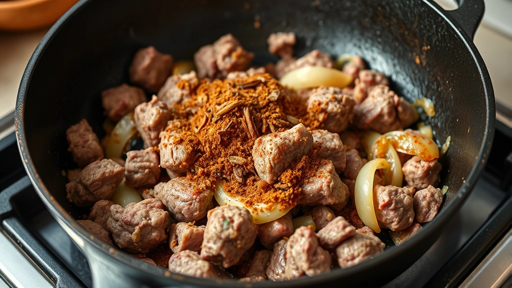 process: ground lamb browning in cast iron skillet with caramelized edges and onions, aromatic spices being added, photorealistic, natural kitchen light, no text