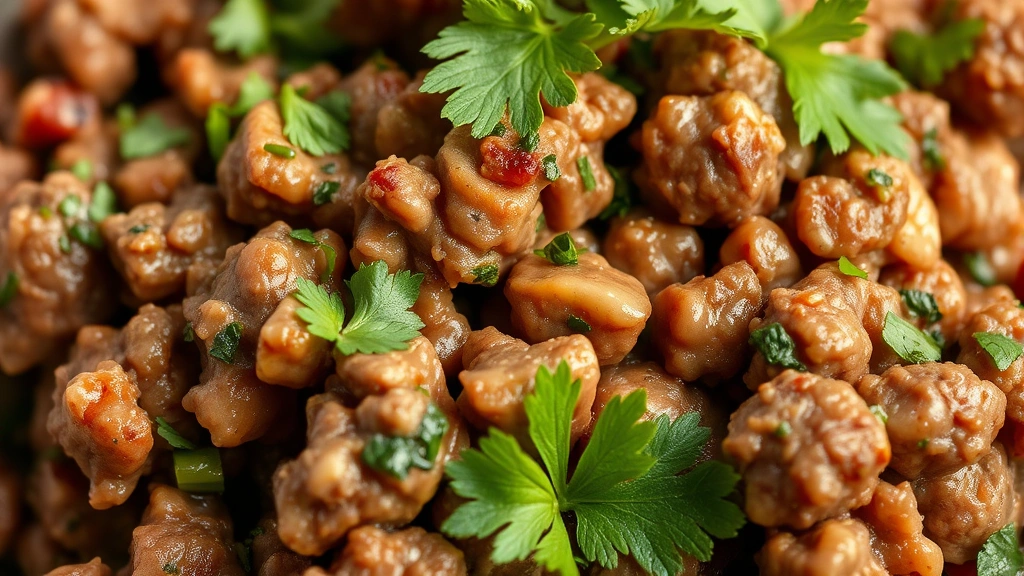 detail: close-up of cooked ground lamb with fresh herbs, visible texture and color, garnished with cilantro and mint, photorealistic, natural light, no text