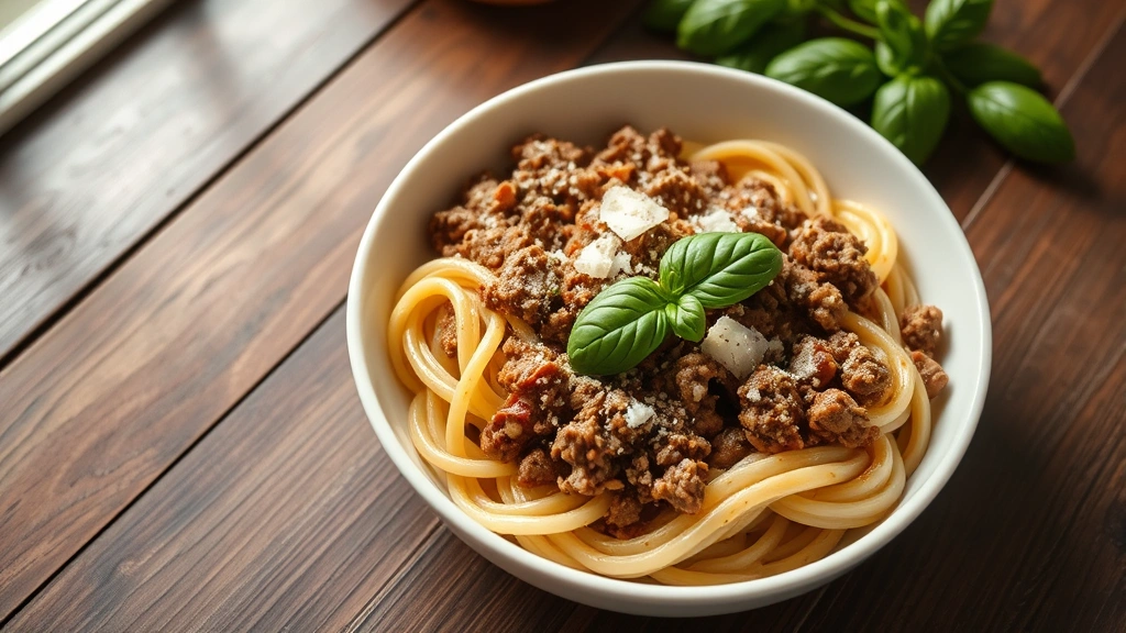 hero: creamy ground sausage pasta dish in white bowl with fresh basil garnish and Parmesan cheese, photographed from directly above with natural window light, rustic wooden table background, no text
