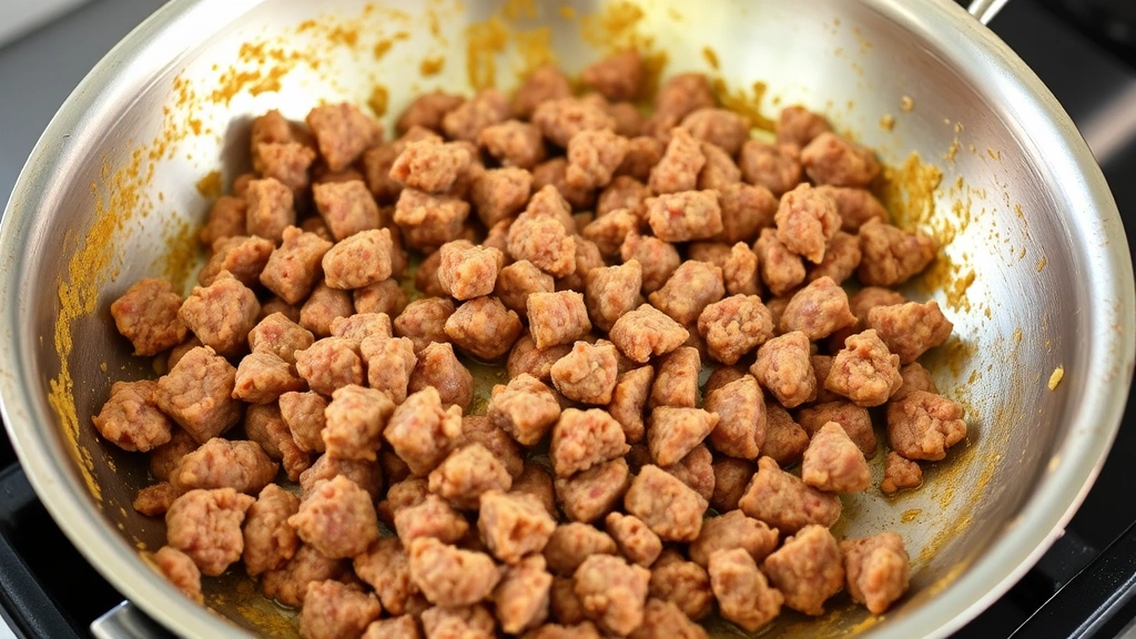 process: ground Italian sausage browning in stainless steel skillet with golden crust, photographed from side angle with natural lighting showing texture and color, no text
