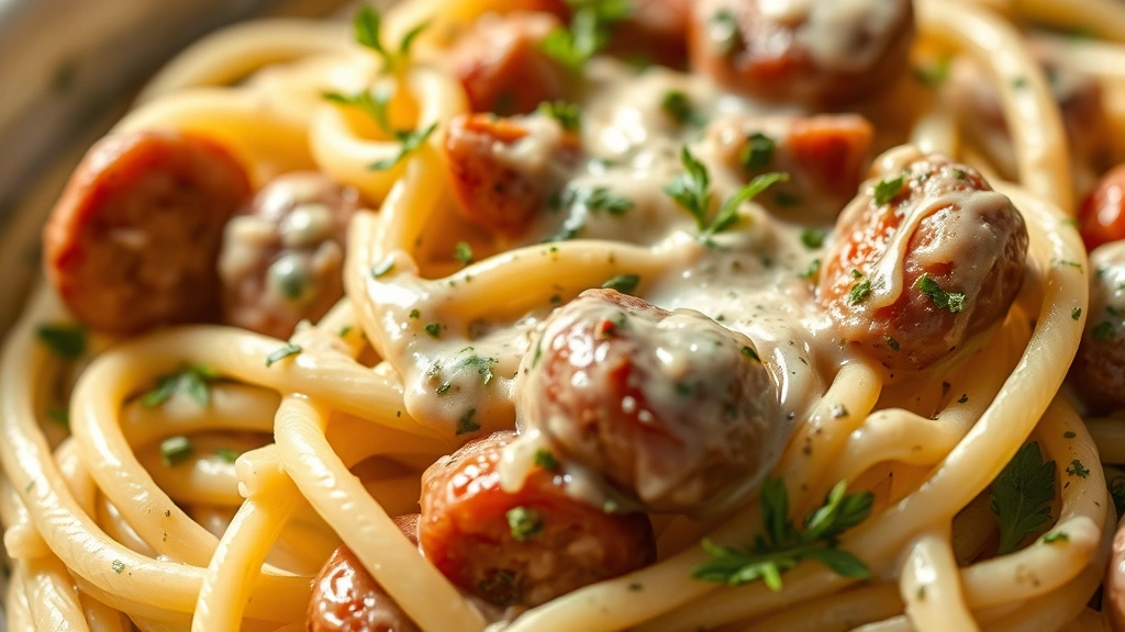 detail: close-up macro shot of cooked pasta coated in creamy sauce with sausage pieces and fresh herbs, shallow depth of field with natural sunlight, no text