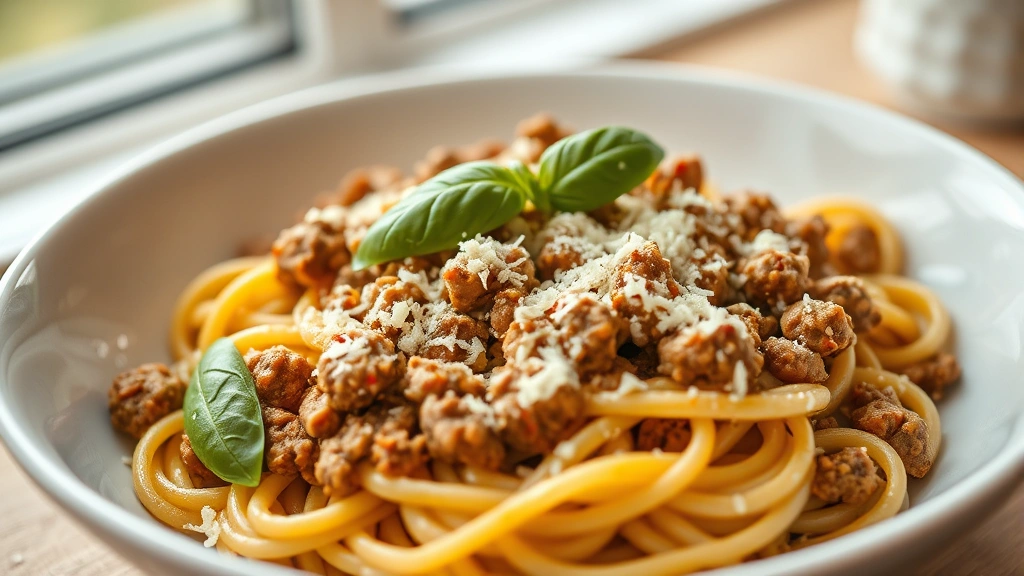hero: creamy ground sausage pasta in a white bowl topped with fresh basil and grated Parmesan cheese, photorealistic, warm natural daylight from window, shallow depth of field, no text