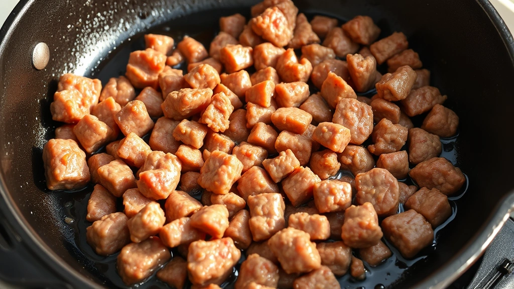 process: ground Italian sausage browning in cast iron skillet with caramelized edges and rendered fat, photorealistic, bright natural light, no text