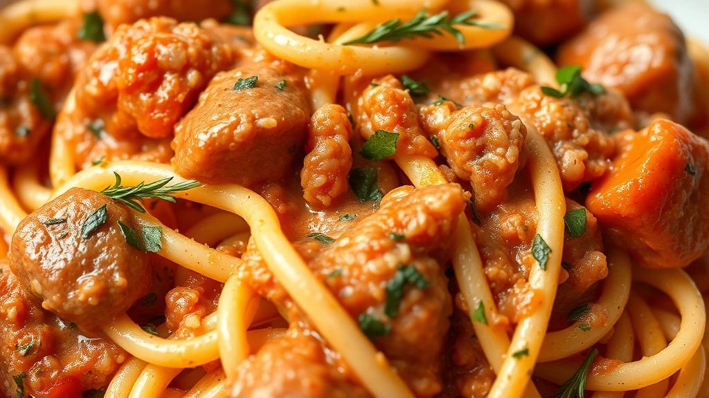detail: close-up of pasta coated in creamy tomato sausage sauce with visible pieces of sausage and herbs, photorealistic, macro photography, natural sunlight, no text