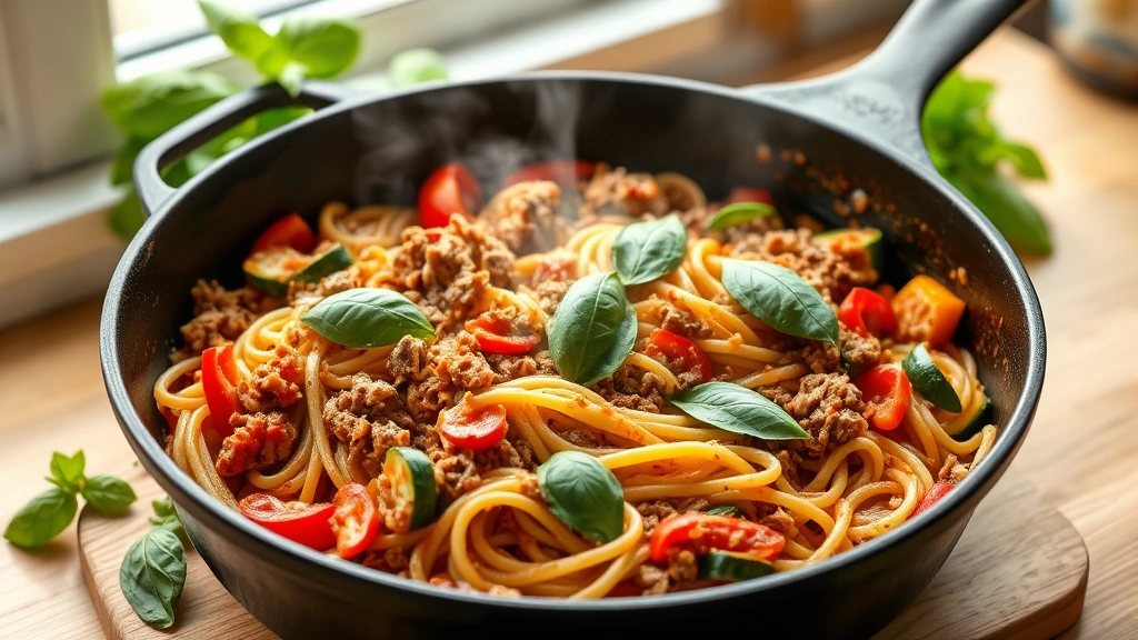 hero: steaming ground turkey and pasta skillet with fresh basil, bell peppers, and zucchini, warm tomato sauce coating everything, served in a large cast iron skillet, natural window light, no text, professional food photography