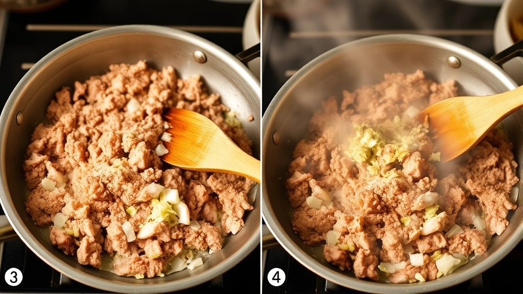 process: ground turkey browning in skillet with onions and garlic, wooden spoon breaking up meat, aromatic steam rising, warm kitchen lighting, no text, step-by-step cooking