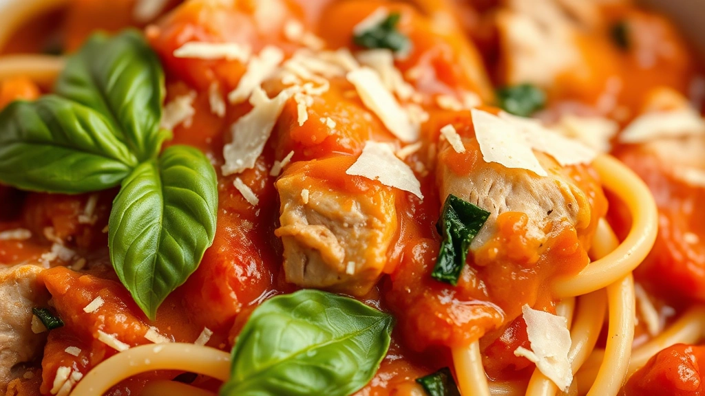 detail: close-up of creamy tomato sauce coating tender pasta with visible turkey pieces and fresh vegetables, garnished with fresh basil and parmesan shavings, shallow depth of field, natural light, no text, macro food photography