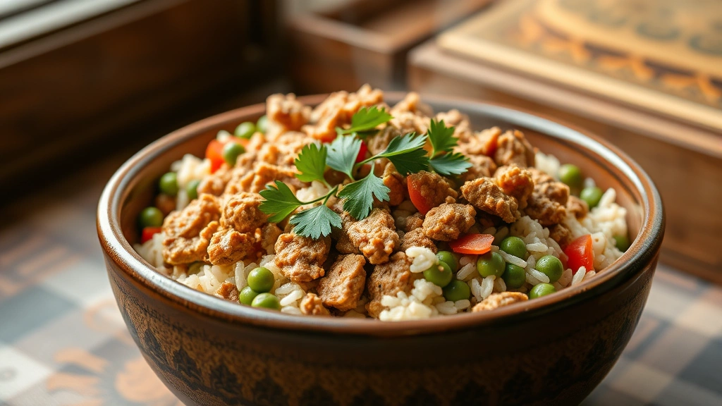 hero: steaming bowl of ground turkey and rice with fresh parsley garnish, golden-brown turkey, vibrant peas and red peppers, rustic ceramic bowl, natural window light, warm inviting colors, no text or watermarks