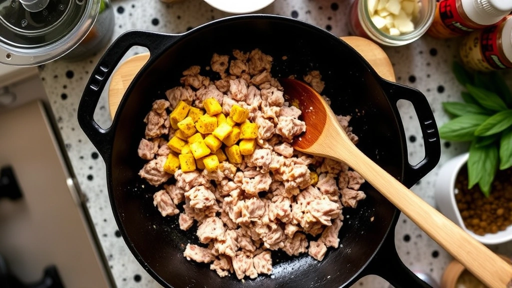 process: ground turkey browning in cast iron skillet with golden crust, wooden spoon breaking apart meat, kitchen counter setup with ingredients, natural daylight from window, overhead angle, no text or watermarks