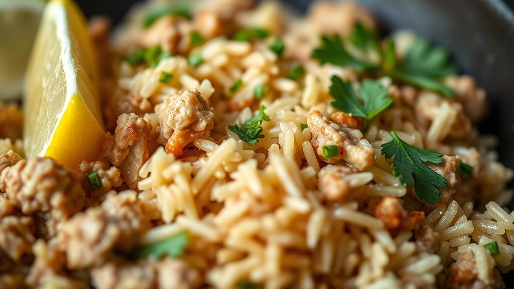 detail: close-up of finished ground turkey and rice dish showing texture of rice, visible turkey pieces, fresh parsley sprinkles, lemon wedge, shallow depth of field, warm natural lighting, professional food photography style, no text or watermarks