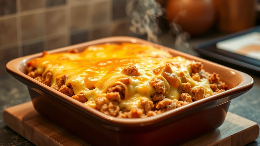 hero: finished ground turkey casserole with golden bubbly melted cheese top, steam rising, served in ceramic baking dish, warm kitchen lighting, soft shadows, no text