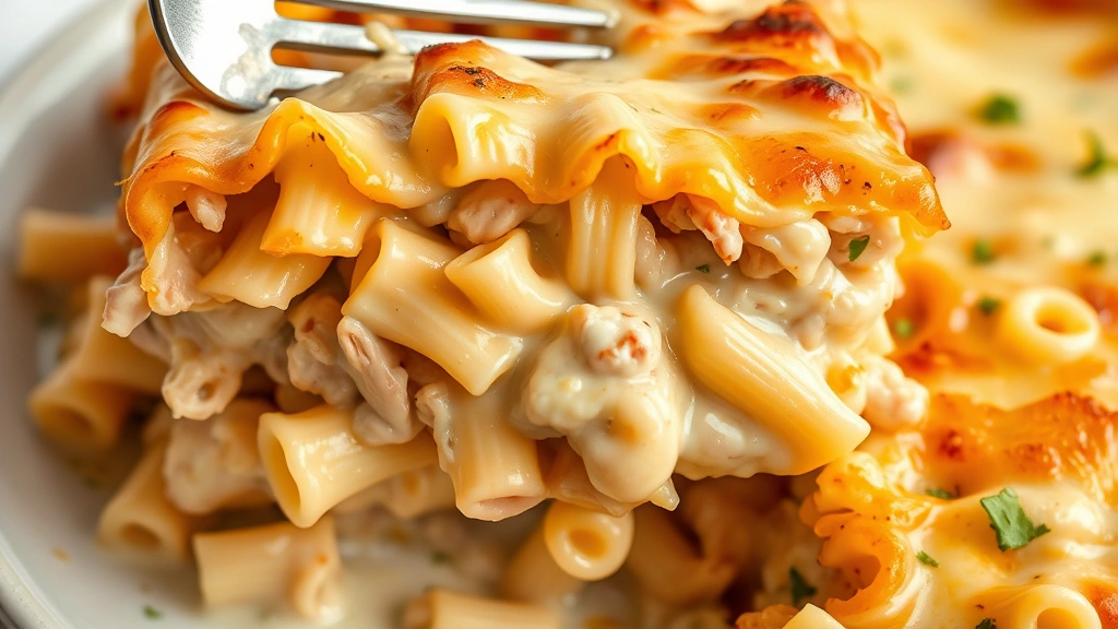 detail: close-up cross-section of casserole showing layers of pasta, turkey, cream sauce, and melted cheese, fork lifting portion, natural daylight, no text