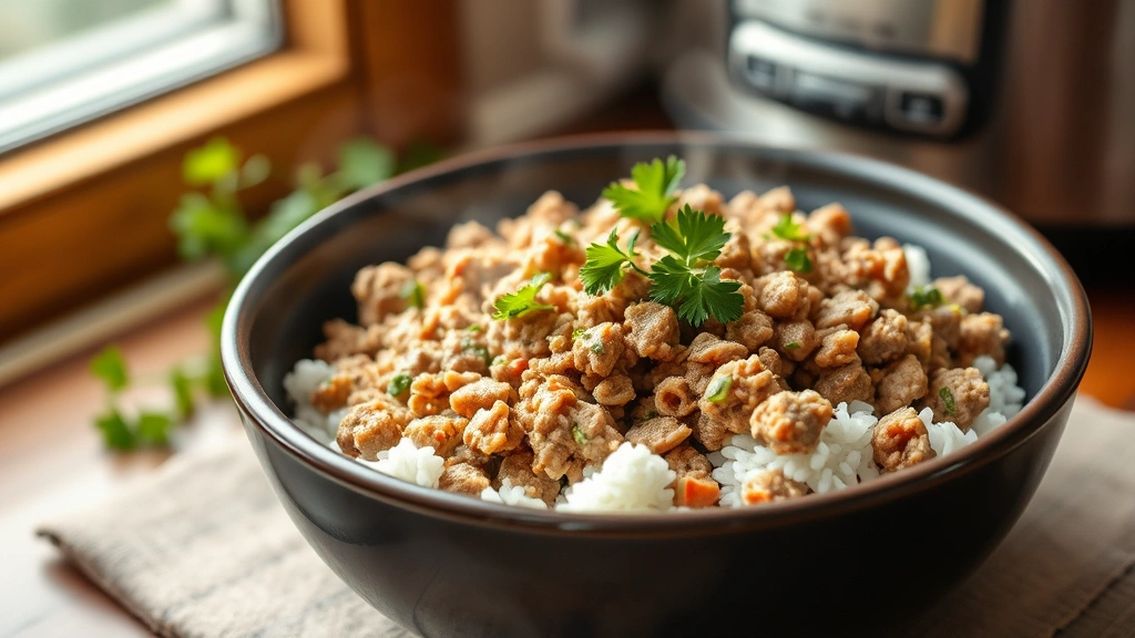 hero: steaming bowl of ground turkey crock pot dish with fresh parsley garnish, served over rice, photorealistic, natural window light, no text, warm tones, appetizing presentation