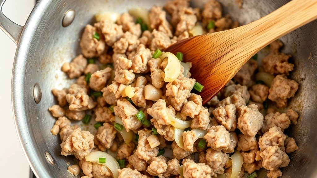 process: browning ground turkey in skillet with onions and garlic, wooden spoon breaking up meat, sizzling action, photorealistic, natural kitchen light, no text