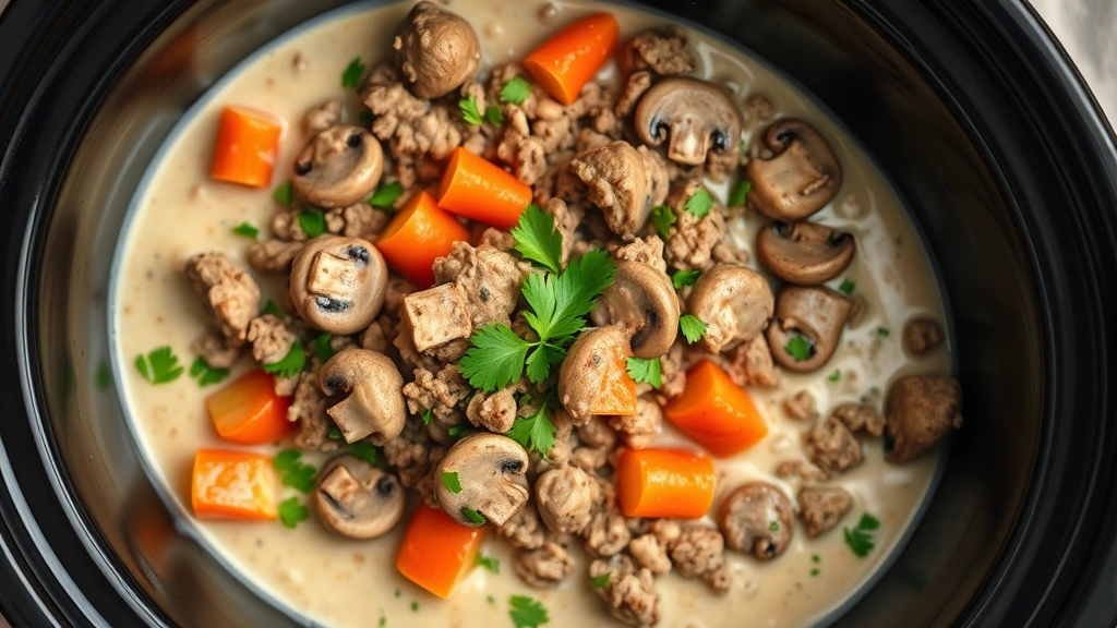 detail: close-up overhead shot of finished ground turkey crock pot with visible vegetables and mushrooms, creamy sauce, fresh parsley, photorealistic, natural light, shallow depth of field, no text