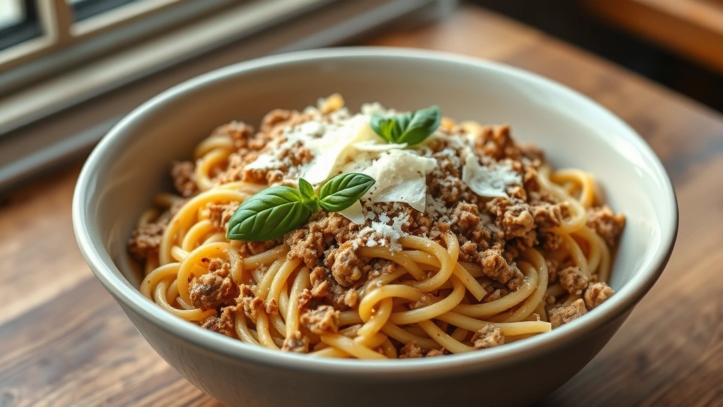 hero: steaming bowl of ground turkey pasta with fresh basil and Parmesan cheese on top, photorealistic, warm natural window light, close-up overhead shot, no text
