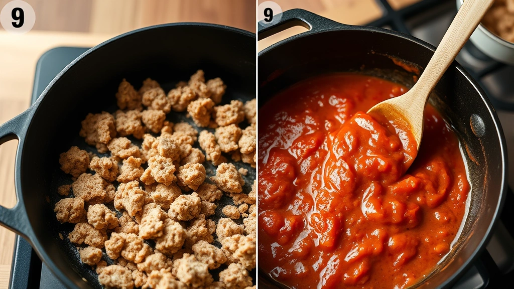 process: ground turkey browning in cast iron skillet with golden crust, tomato sauce simmering, photorealistic, natural kitchen light, no text