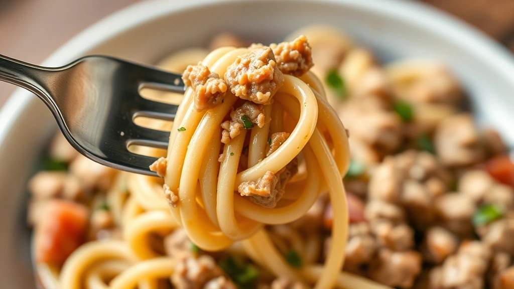 detail: close-up of fork twirling creamy ground turkey pasta with sauce coating each strand, photorealistic, shallow depth of field, warm natural light, no text
