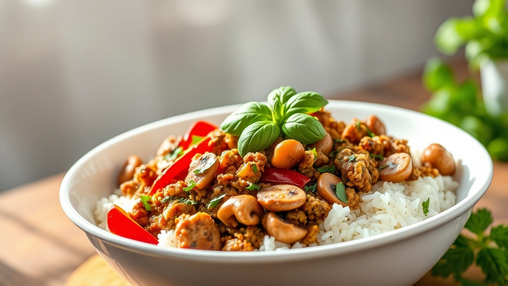 hero: colorful ground turkey skillet with red bell peppers, mushrooms, and fresh herbs, served over rice in a white bowl, photorealistic, natural sunlight streaming from left, garnished with fresh basil and parsley, no text