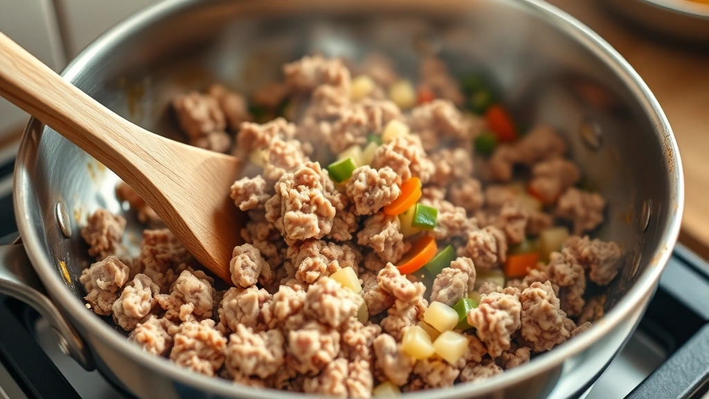 process: browning ground turkey in a stainless steel skillet with wooden spoon, vegetables being added, steam rising, photorealistic, warm kitchen lighting, no text