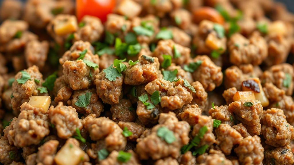 detail: close-up of finished ground turkey dish with fresh herbs scattered on top, visible vegetables, rich brown color, shallow depth of field, photorealistic, natural light, no text