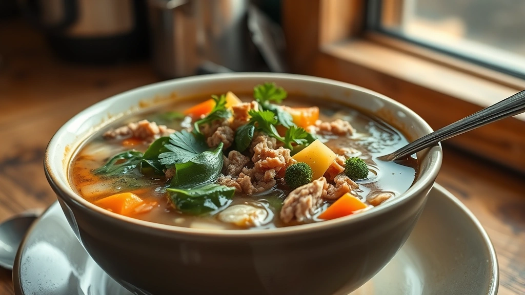hero: steaming bowl of ground turkey soup with vegetables and fresh spinach, garnished with parsley, warm natural window light, rustic kitchen setting, no text visible