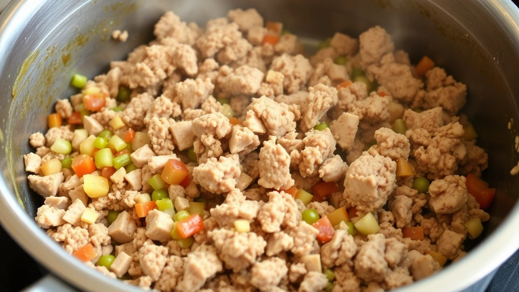 process: browning ground turkey in pot with diced vegetables and aromatics, medium heat, action shot, natural daylight, no text